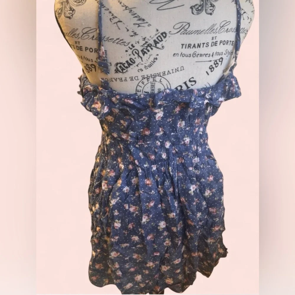 Y2K Navy Blue Floral Ruffle Mini Dress Womens Size S - Picture 3 of 5